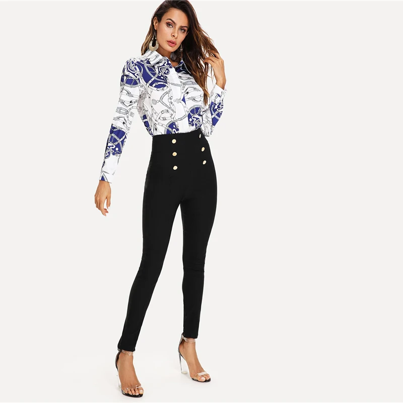 SHEIN, украшенные пуговицами, узкие брюки, элегантные женские, летние, осенние брюки, с молнией сзади, с высокой талией, однотонные, с высокой талией