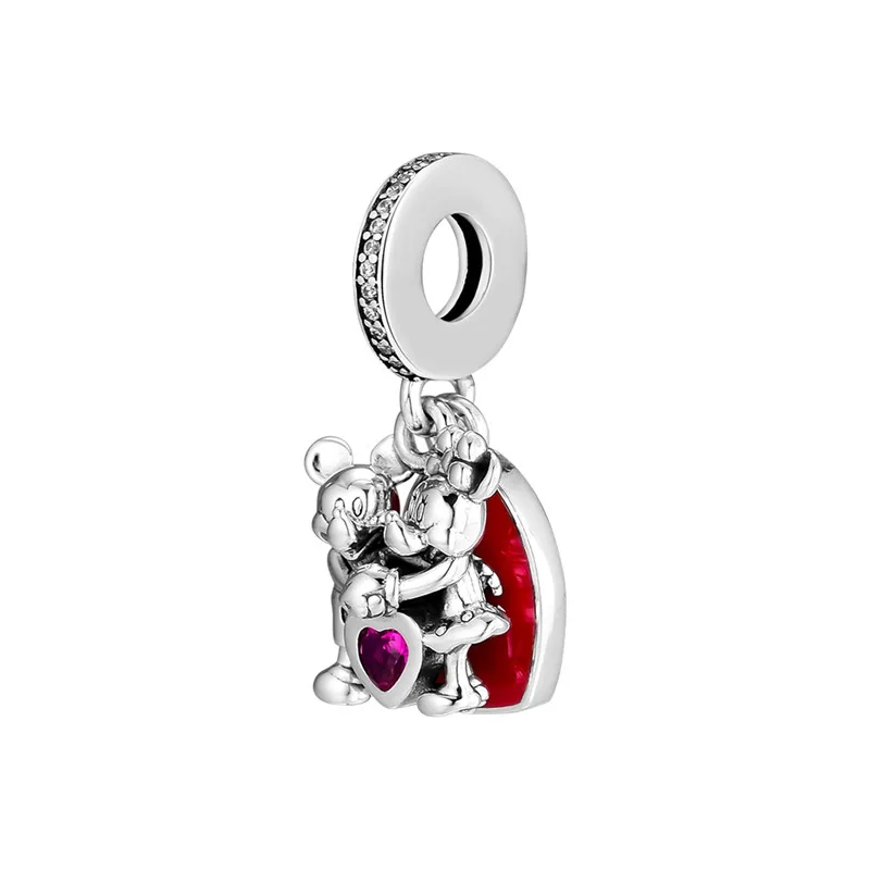 Fit Pandora браслет Минни и Микки с любовью Подвеска Шарм в форме сердца Красная эмаль и CZ ручная работа серебро 925 ювелирных изделий FL904