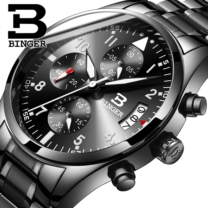 Швейцария Мужские кварцевые Бингер Смотреть Водонепроницаемый мужские кожаные