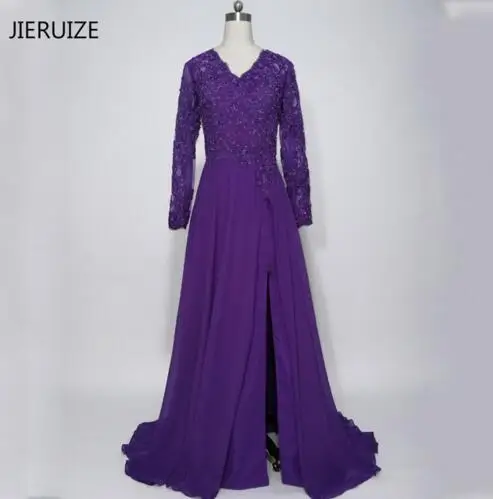 JIERUZIE robe de soiree кружевные аппликации вышитые бисером Длинные рукава Вечерние платья с Боковым Разрезом вечерние платья для матери невесты - Цвет: Фиолетовый