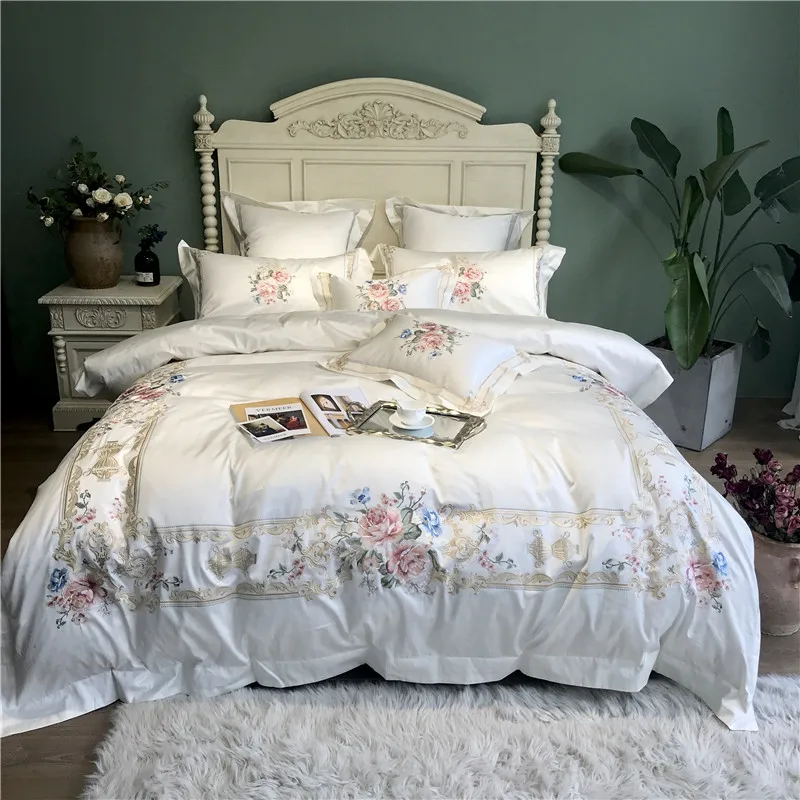 

New White Blue Pink Luxury Flowers Embroidery 100S Egyptian Cotton Palace Bedding Set Duvet Cover Bed sheet/Linen Pillowcases