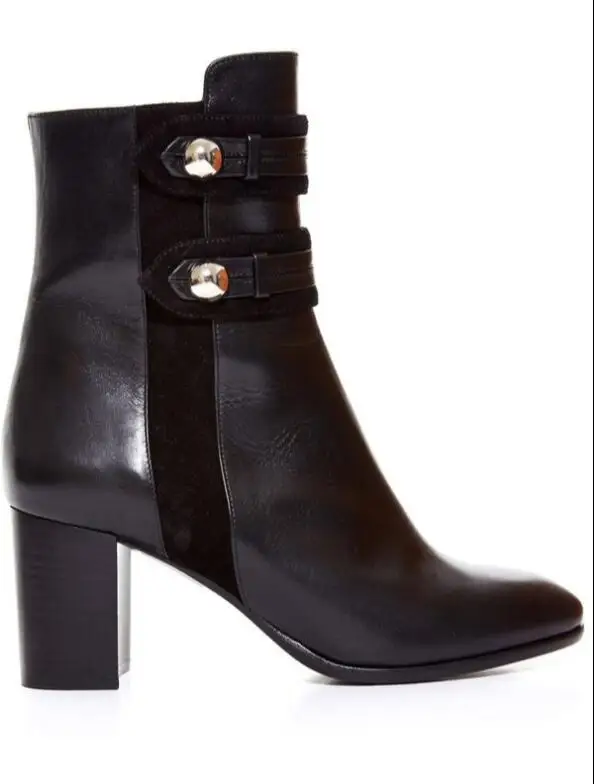 

Kaeve New Black Genuine Leather Ankle Boots Chunky Heels Fashion Martin Boots Round Toe Metal Decoration Women's Boots