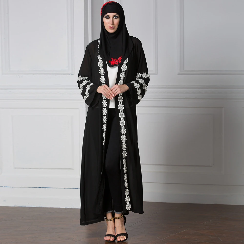 2018 Middle East Muslim Women Fashion O-Neck Lace Cardigan Casual Loose Chiffon Eid Abaya Robe Dubai Ramadan Long Dress No Hijab | Женская