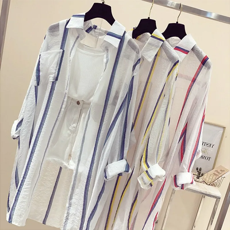 

Kimono Cardigans 2019 Summer Long Shirts for Women Tops and Blouses Turn-down Neck Casual Striped Blouse Tunics Blusas Femininas