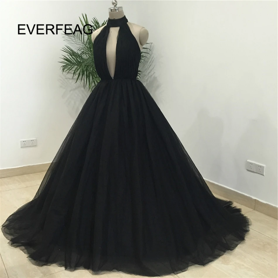 Vestido de festa бальное платье черные вечерние платья открытая спина Холтер Длина до пола выпускное платье из фатина robe de soiree настоящая фотография
