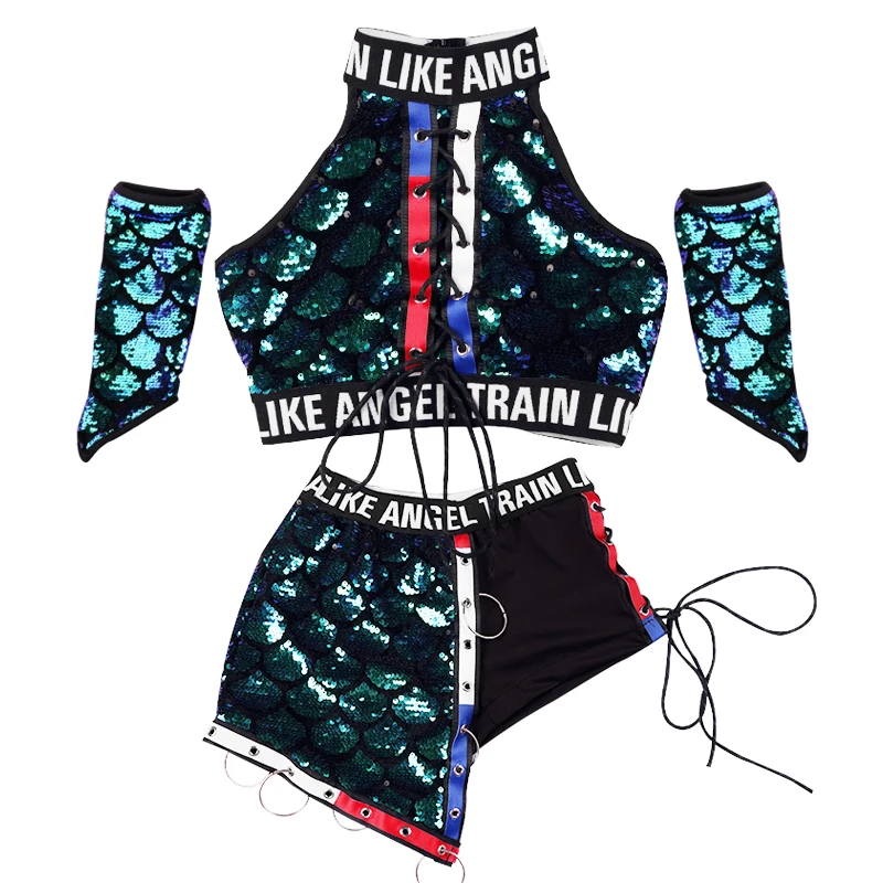 

Children'S Modern Jazz Dance Costumes Girls Hip-Hop Costumes Cheerleader Outfit Kids Street Dance Sequins Set Tops+Shorts DL3377