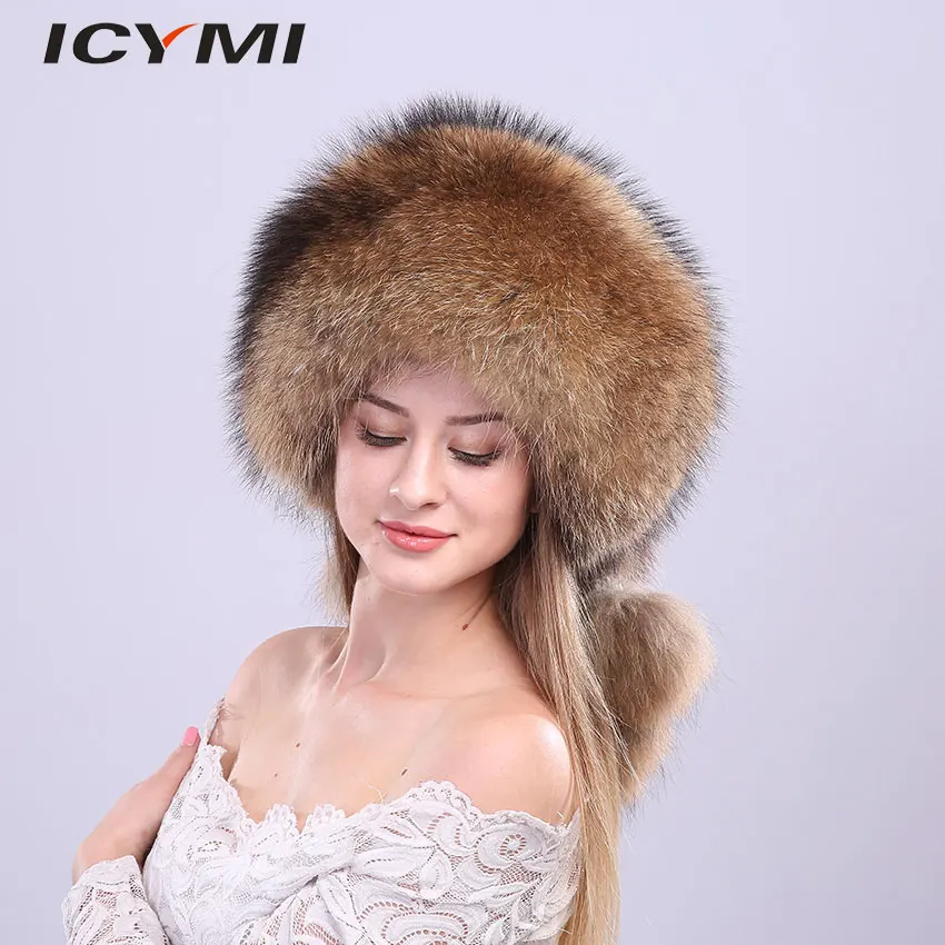 ICYMI Whole Piece Raccoon Fur Hats Unisex Super Warm Russian Outdoor PomPom Caps Skiing Snow Real Fur hats Women Men's Headgear