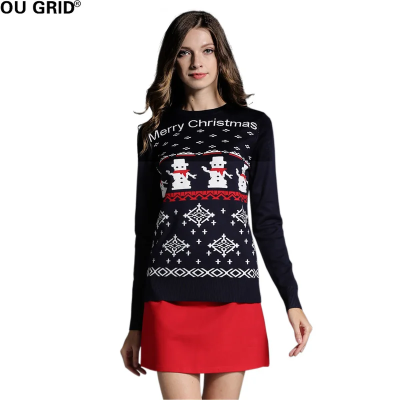 Women's Christmas Sweater Pullover New Year Cute Girls Reindeer/Snowman Pattern Embroidery Knitted Party Casual Jumper | Женская