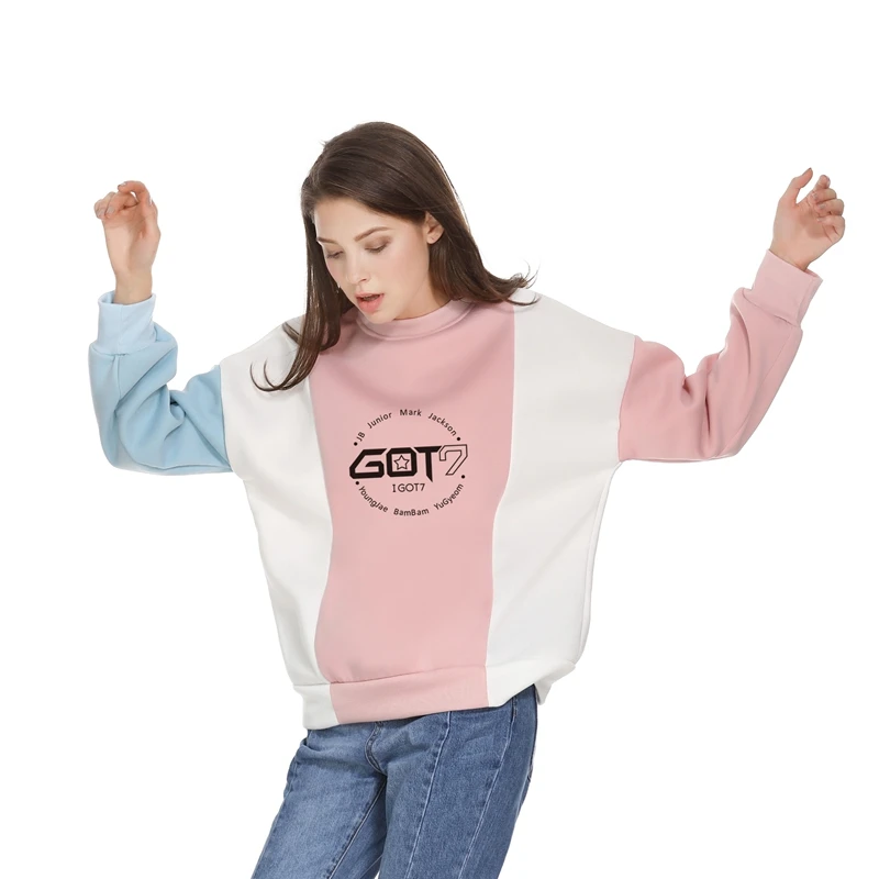 

Female Hoodies Sweatshirt Got7 Autumn Winter Fleece Hit Color Splicing O-neck Tops Korean Fashion Kpop y2k Hoodies Woman Clothes