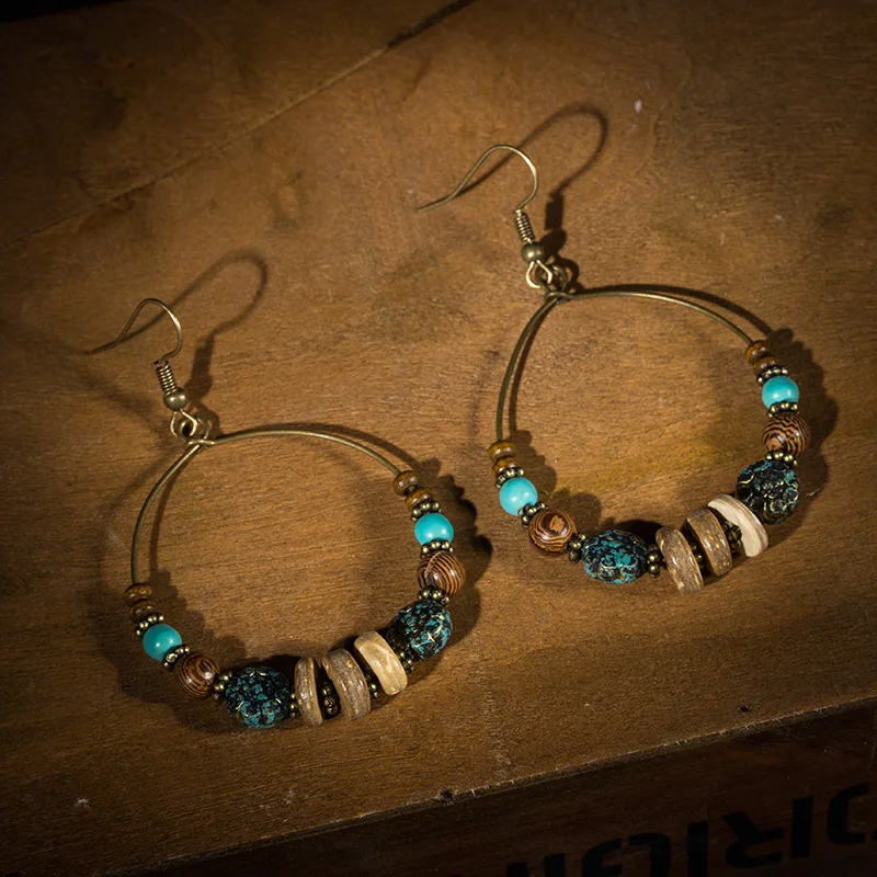 

Hot Sale Women Resin Wooden Beads Drop Earrings Vintage Round Shape Dangle Earrings Jewelry for Women