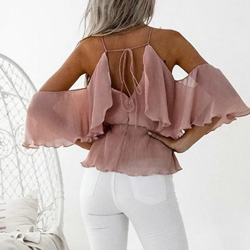 Halter Neck Shirts 2017 Summer Sexy Off Shoulder Backless Blouse Women Casual Loose Beach Party Chiffon Tops Ladies Blusas White |