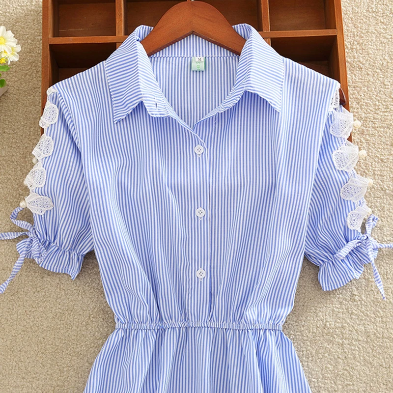 Новинка весны 2020 женское синее платье в полоску рубашка офисные платья хлопковые