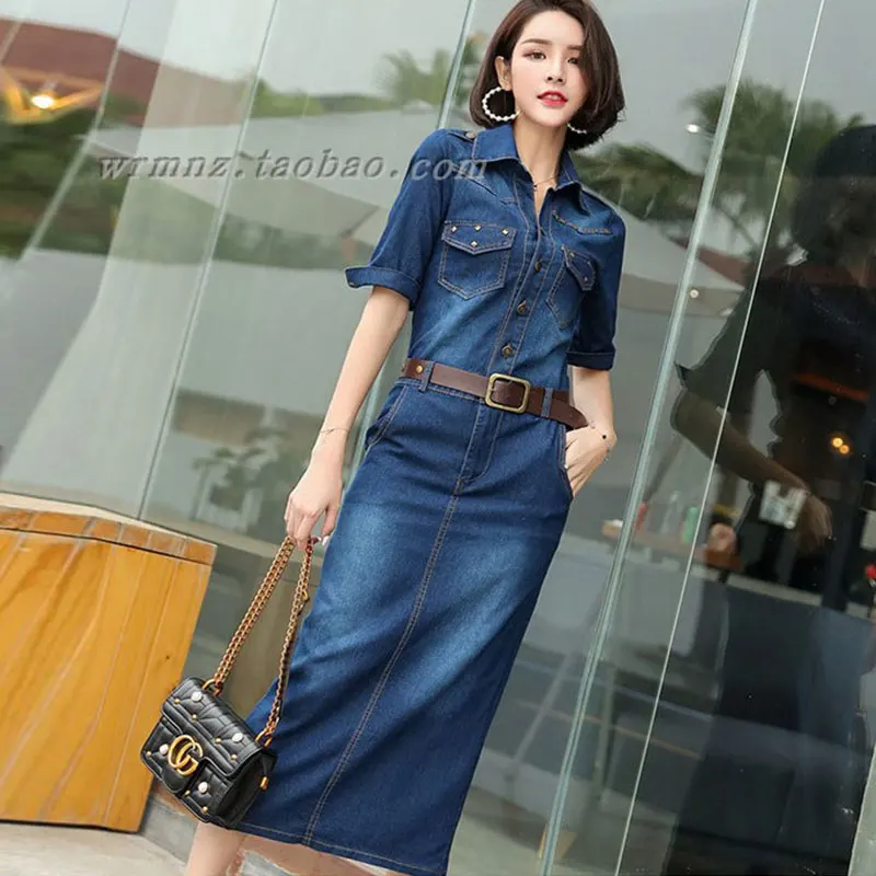 2019 Women Denim Dress Half sleeve With Belt Package Hip Blue Jean Spring Fashion Pencil Hot Sell Cowboy Female G231 | Женская одежда