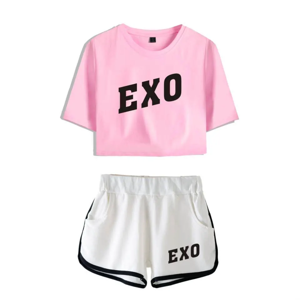 Женский спортивный костюм Kpop Exo женский короткий топ шорты и брюки летний