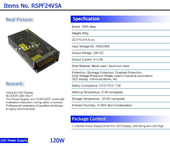 24 V 5A 120 W импульсный источник питания драйвера светодиодный свет полосы Дисплей AC100-240V поставщик фабрики
