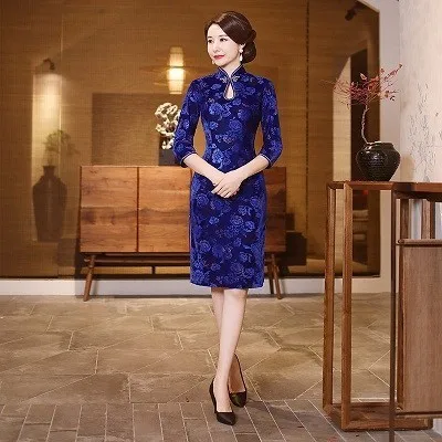 Blue velvet short Sheng Coco Восточное бархатное платье Чонсам с китайским принтом Qipao элегантное эластичное бархатное платье-корсет Классический Qipao Китай 4XL - Цвет: Blue velvet short