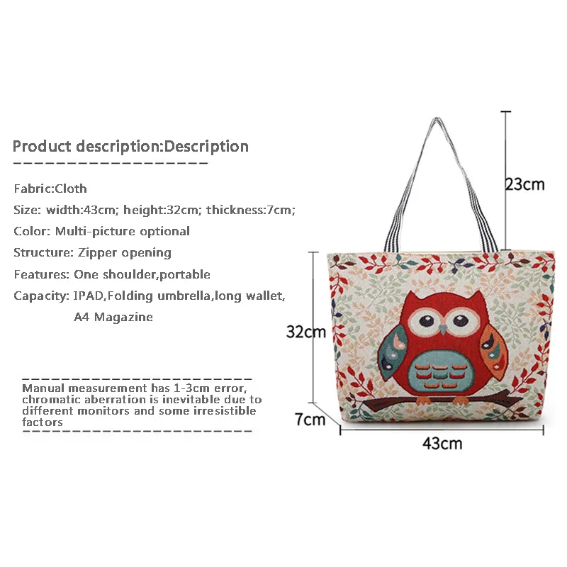 

Women Handbag Vintage Printing Owl Canvas Bags Zipper Casual Shopping Bags