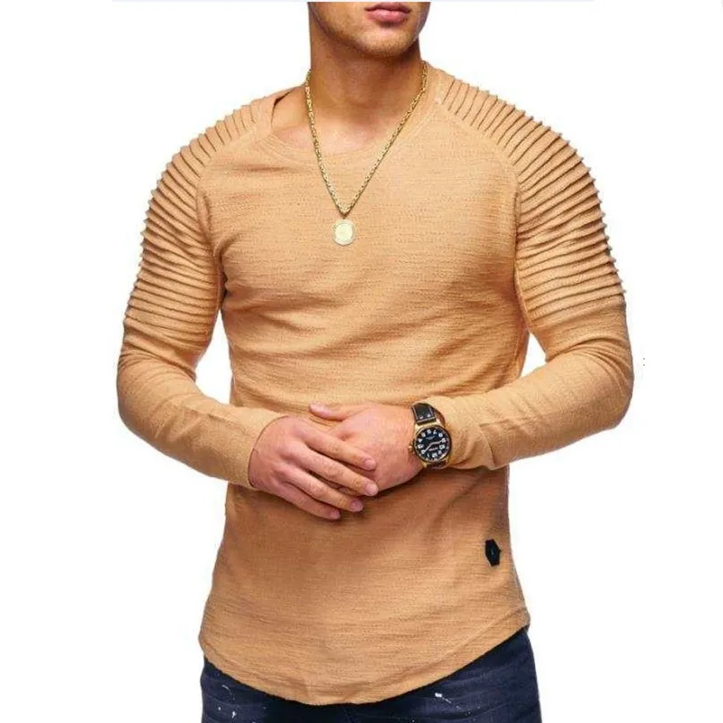 Hot 2022 Solid Color Sleeve Pleated Patch Detail Long Sleeve T-Shirt Men Spring Casual Tops Pullovers Fashion Slim Basic Tops