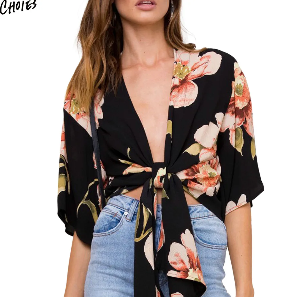 Женские блузки 2017 черная с глубоким вырезом цветочным принтом и бантом спереди