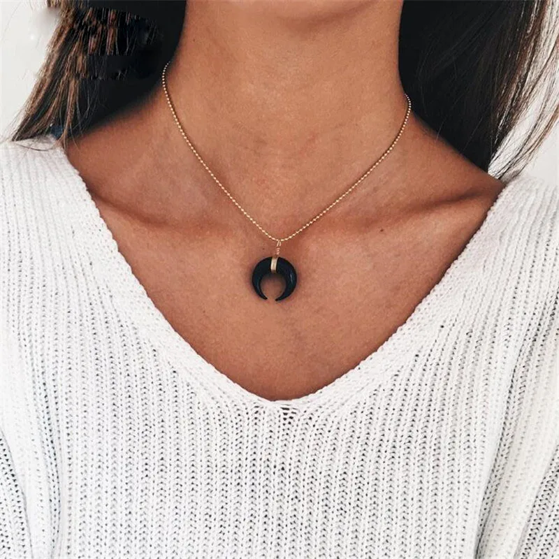 2017 Summer Black Acrylic Horn Moon Choker Necklaces For Women Bohemian Silver Gold Color Collar Necklace Handmade Chain Jewelry | Украшения