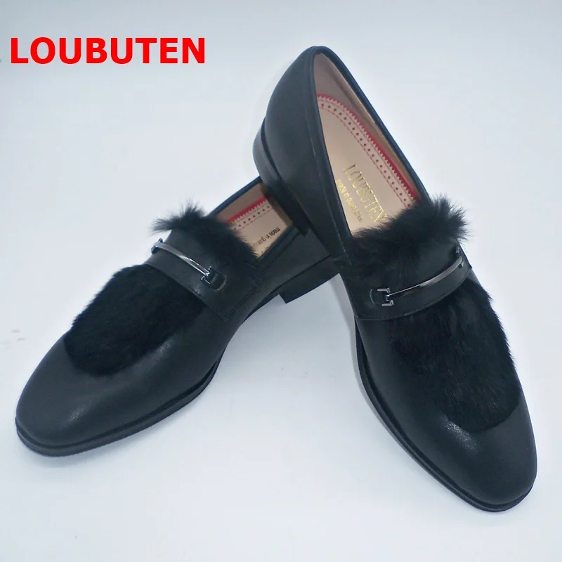 LOUBUTEN Новое поступление черные кожаные лоферы с мехом ручной работы Слипоны