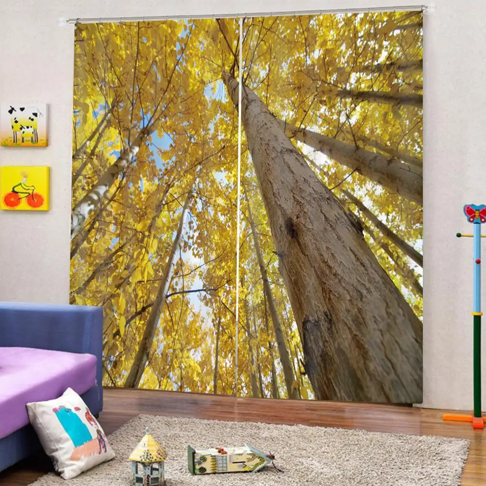 

3D Curtain Printing Blockout Polyester yellow forest curtains for bedroom living room Blackout curtain