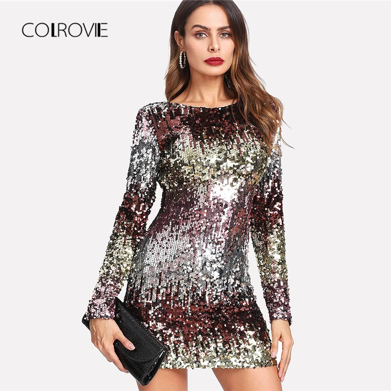 COLROVIE Радужное платье с блестками, круглый вырез, длинный рукав, Сексуальные вечерние платья на молнии, женская одежда, облегающее осеннее короткое платье