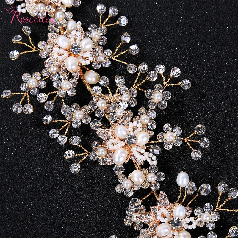 

Gold Crystal Rhinestone Natural Pearls Wedding Headband Hair accessories Jewelry Women Bridal Hairband Bridesmaids RE3190
