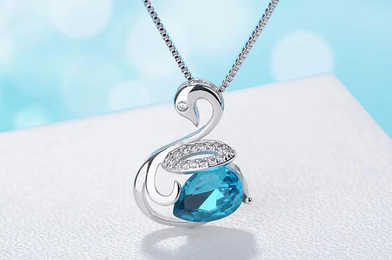 Fashion 925 Silver Blue Crystal Zircon Cute Animal Swan Pendant Necklace For Girls Women Short Clavicle Gift Jewelry | Украшения и