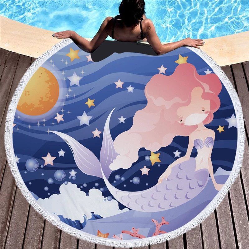 Мультфильм Розовый Русалка Печать Круглый Большое пляжное полотенце микрофибра