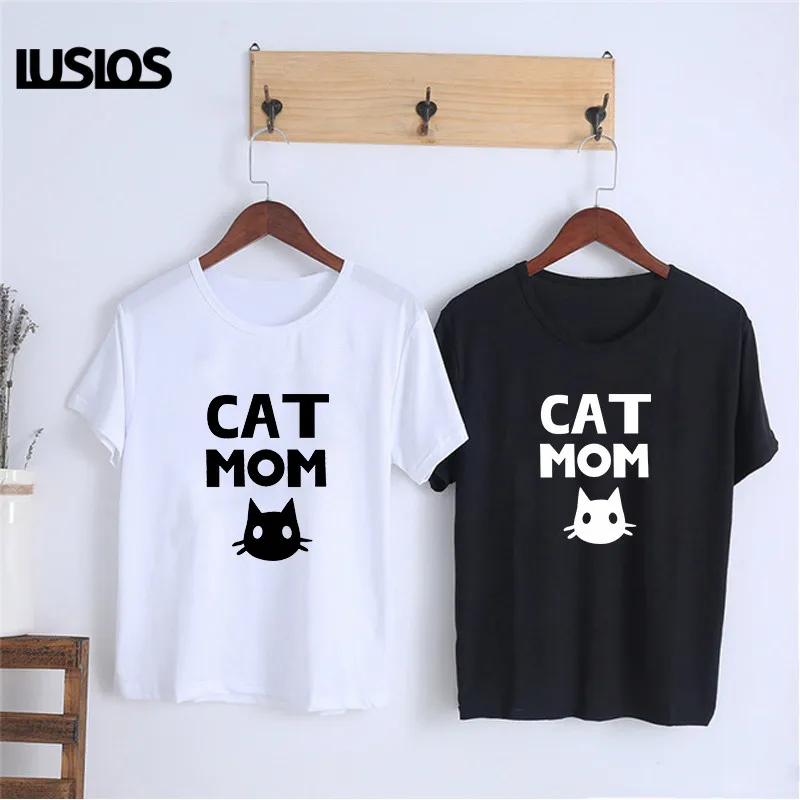 LUSLOS кошка мама футболка белого и черного цвета летняя с коротким рукавом