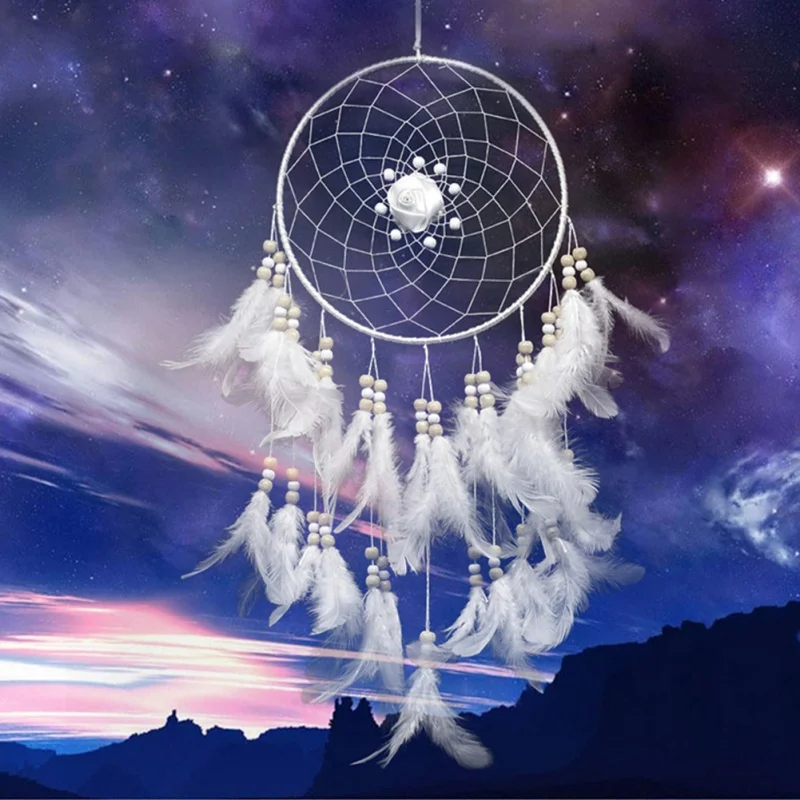 Настенное украшение Ловец снов в виде Розы с перьями традиционном стиле большой