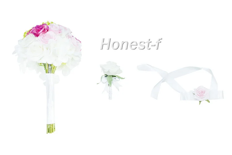 

Original Artificial Artistic Rose and Hydrangea Bouquet with Groom Corsage and Bride's Wrist Flower for Wedding, Party Decoratio