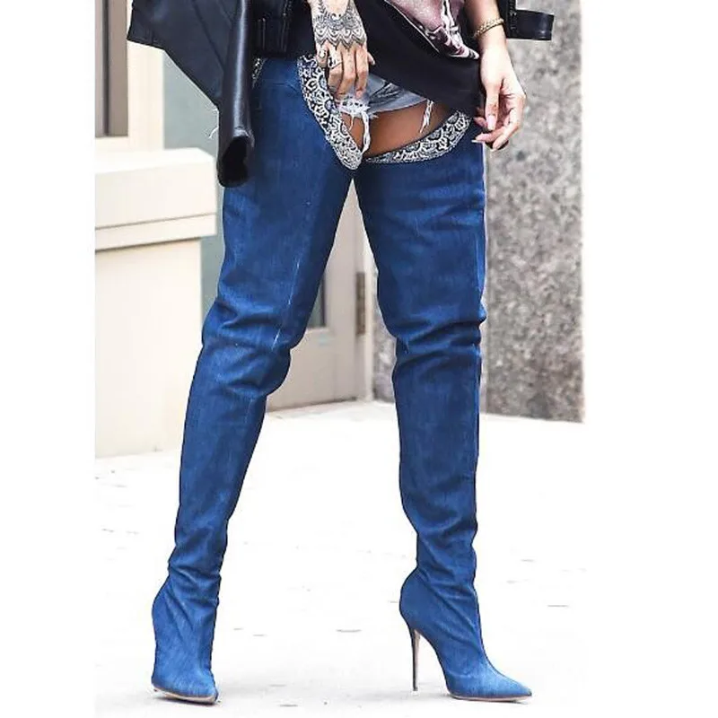 Модные джинсовые ковбойские сапоги Rihanna, женские облегающие высокие сапоги с поясом, Сапоги выше колена на высоком каблуке, женская обувь под вечернее платье