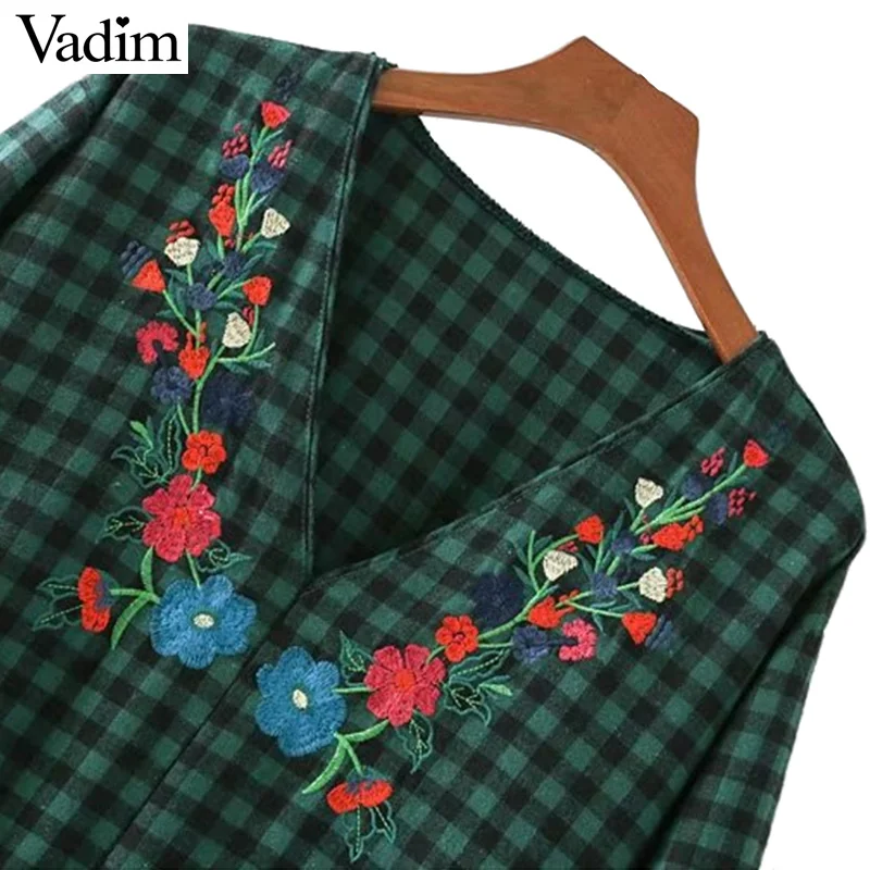 Vadim V neck ruffled floral embroidery plaid dresses flower pattern vintage chic casual loose mini vestidos mujer QZ3232 | Женская