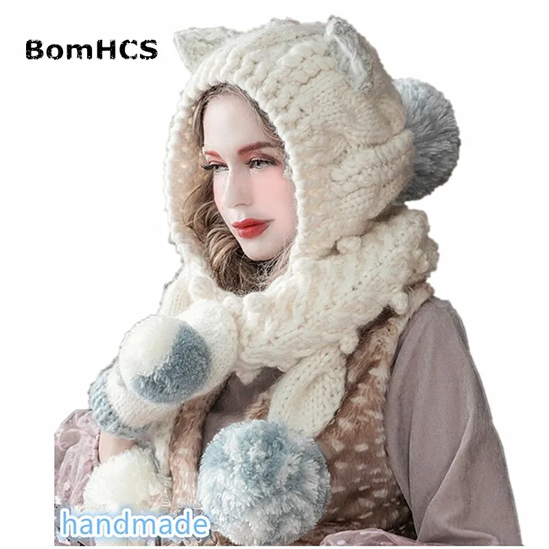 BomHCS Cute Cat Ears Beanie Scarf & Gloves (2PCS SUIT) Handmade Winter Warm Caps Thick Knitted Hat Christmas Gift