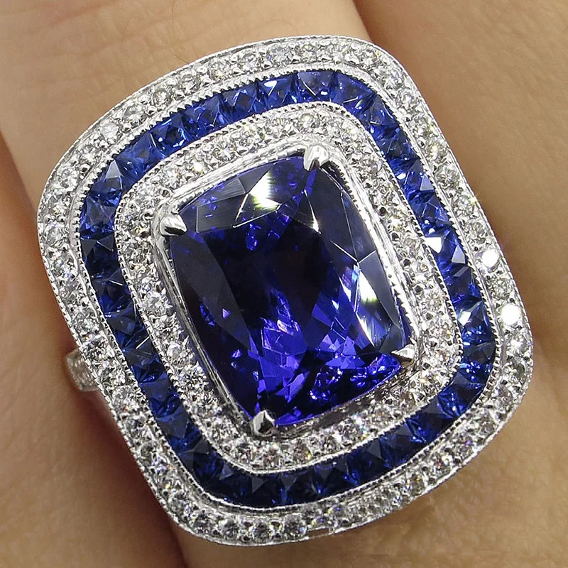 Модные синие и белые Квадратные Кольца из циркония с кристаллами для женщин