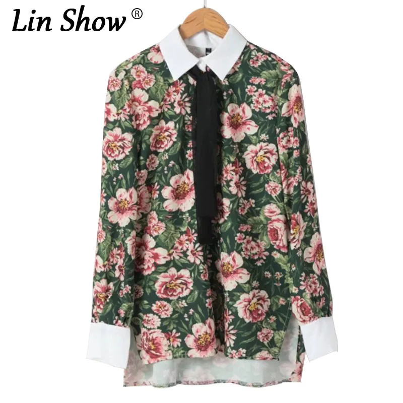 Linshow зеленый с цветочным принтом Для женщин S Топы корректирующие и Блузки для