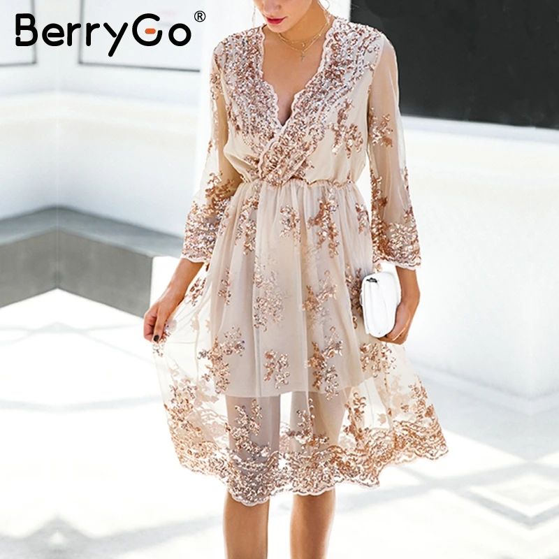 Simplee V образным вырезом элегантные длинные рукава с пайетками вечерние платье