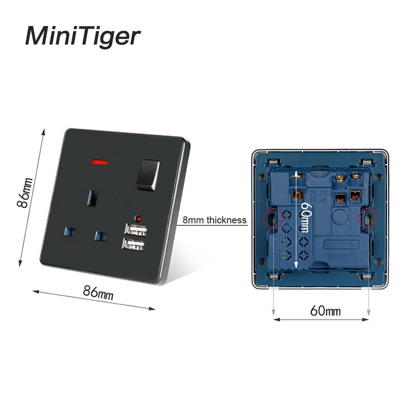 Minitiger черная настенная розетка питания 13A стандарт Великобритании переключаемая