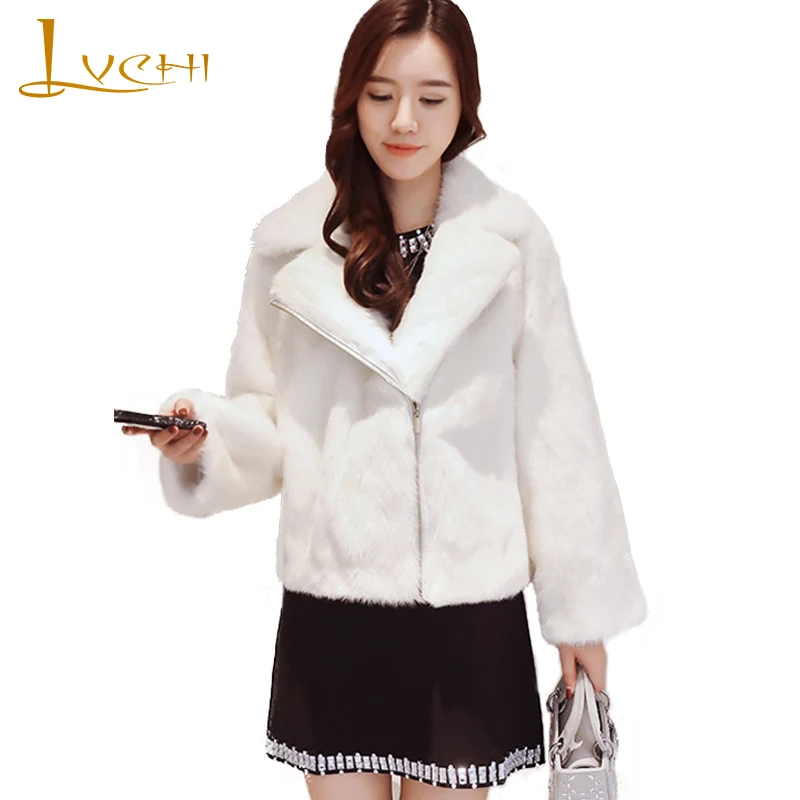 

LVCHI Winter 2019 Mink Fur Coat Women's Fashion Motorcycle Models Long Sleeve White V-Neck Short Slim Cool Lady Mink Fur Coats