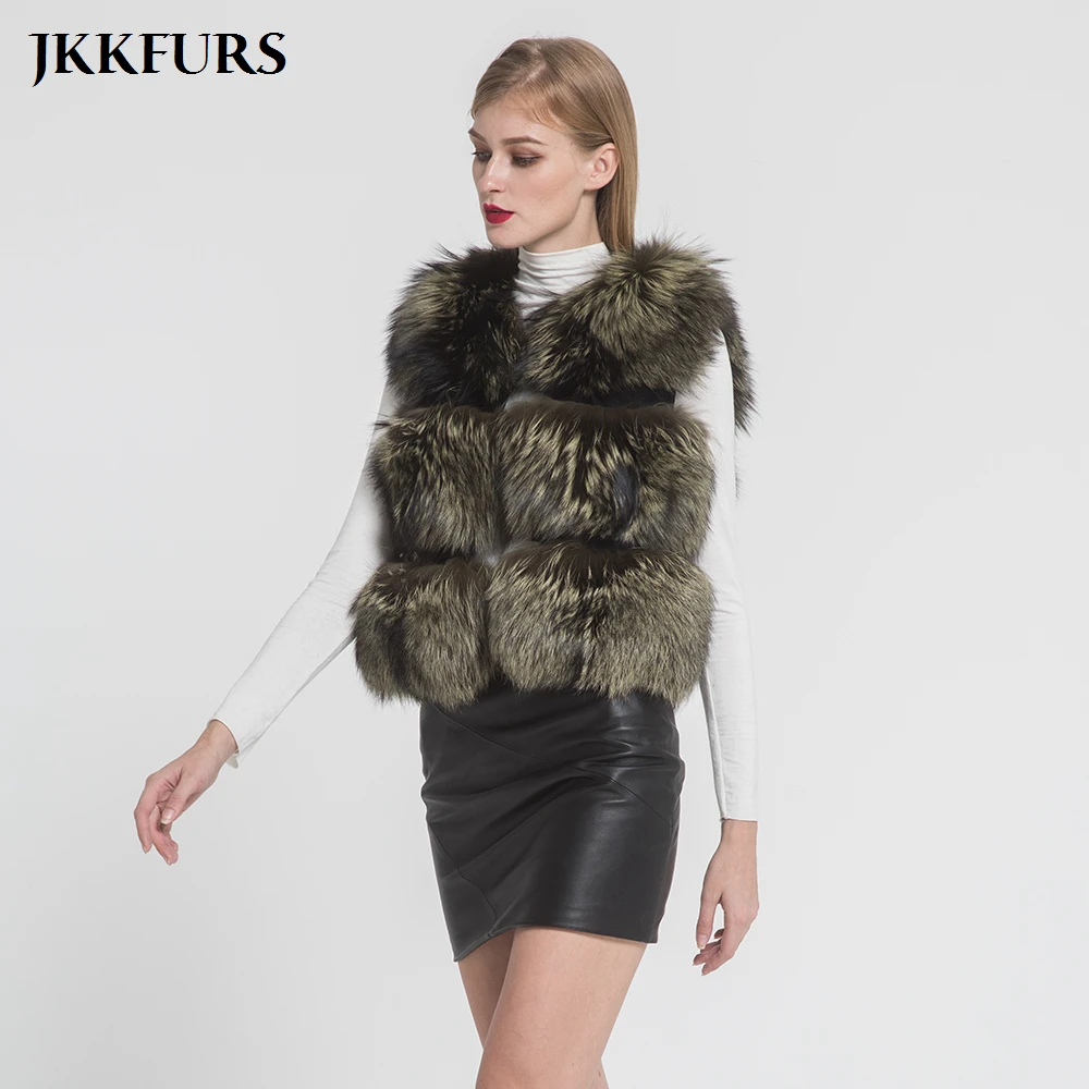 JKKFURS/Новое поступление, женский жилет на натуральном меху с серебряной лисой, Модный стильный женский зимний теплый меховой жилет наивысшего качества S7382