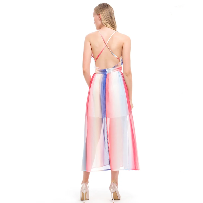 

Women Dress High Waist Split Backless Colorful Asymmetrical Long Dress Sleeveless Spaghetti Dress Sexy Deep V-neck Beach Dress