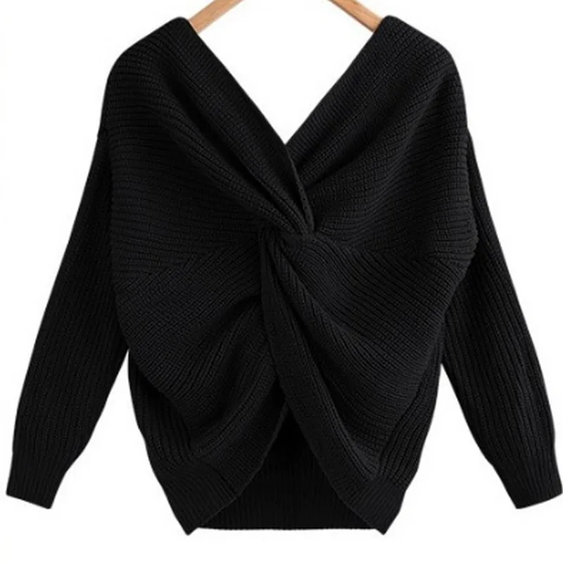 Fashion Solid Color V-neck Open Back Women's Sweater Irregular Cross Knotting Woman Winter 2019 Office Ladies | Женская одежда