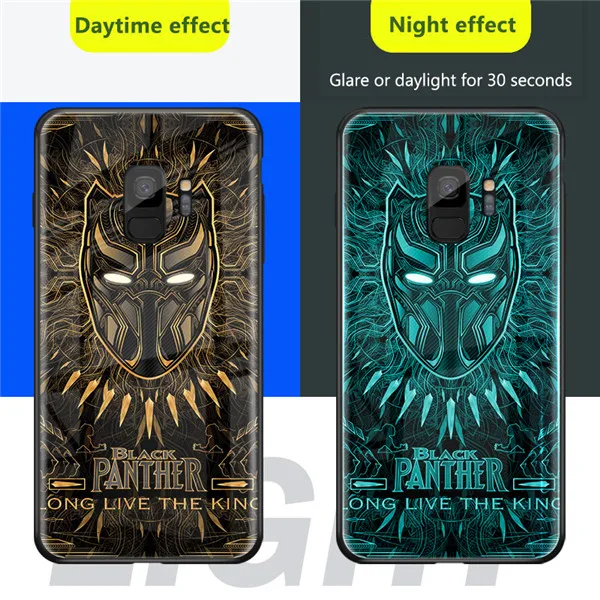 Black panther-1 Горячая Мода светящийся Человек-паук закаленный стеклянный чехол для телефона для samsung galaxy s8 s9 s10 plus Note 8 9 Мстители чехол с суперменом светильник - Цвет: Black panther-1
