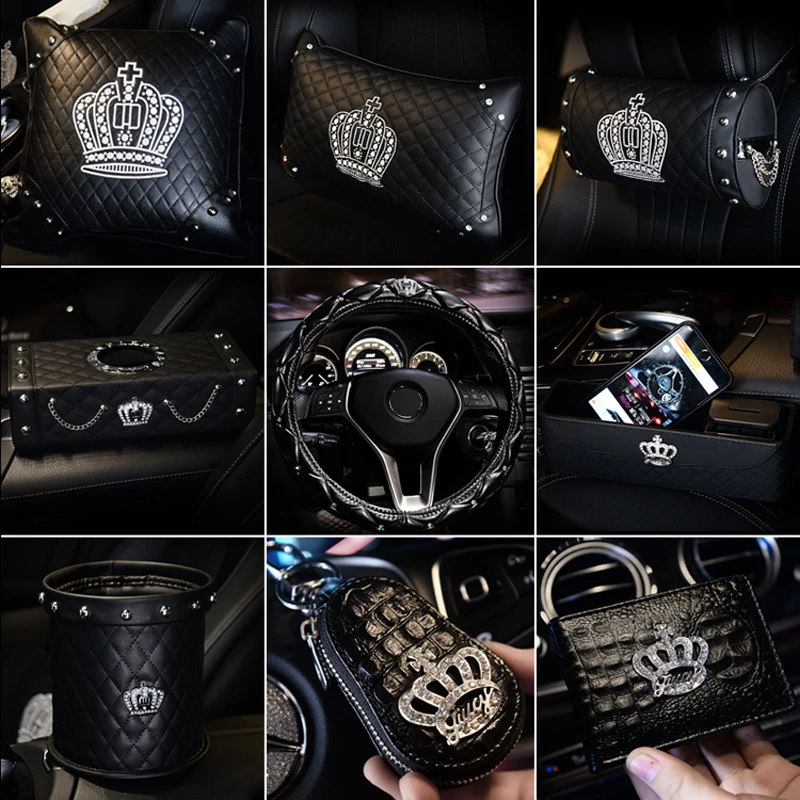

Crystal Crown Leather Punk Style Rivet Car Interior Accessories Steering Wheel Covers Headrest Neck Handbrake Gear Shift Cover