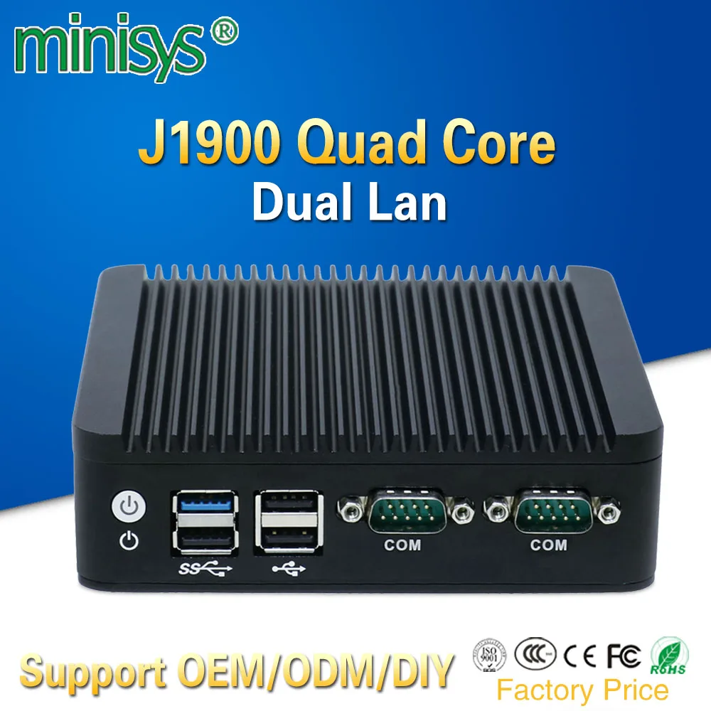 2 Ethernet Мини ПК Intel j1900 четырехъядерный мини itx чехол безвентиляторный настольный компьютер поддержка 128 Гб SSD emmc 4 Гб ram для windows 10