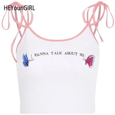 Белый HEYounGIRL милый укороченный топ, Женский Галстук, повседневные белые топы, футболки, хлопковая вышивка, Бабочка, Белая укороченная женская летняя одежда - Цвет: Белый