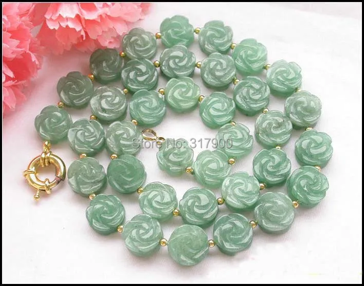 Beautiful 24&quot 14mm Hand-carved flower green jade bead necklace | Украшения и аксессуары
