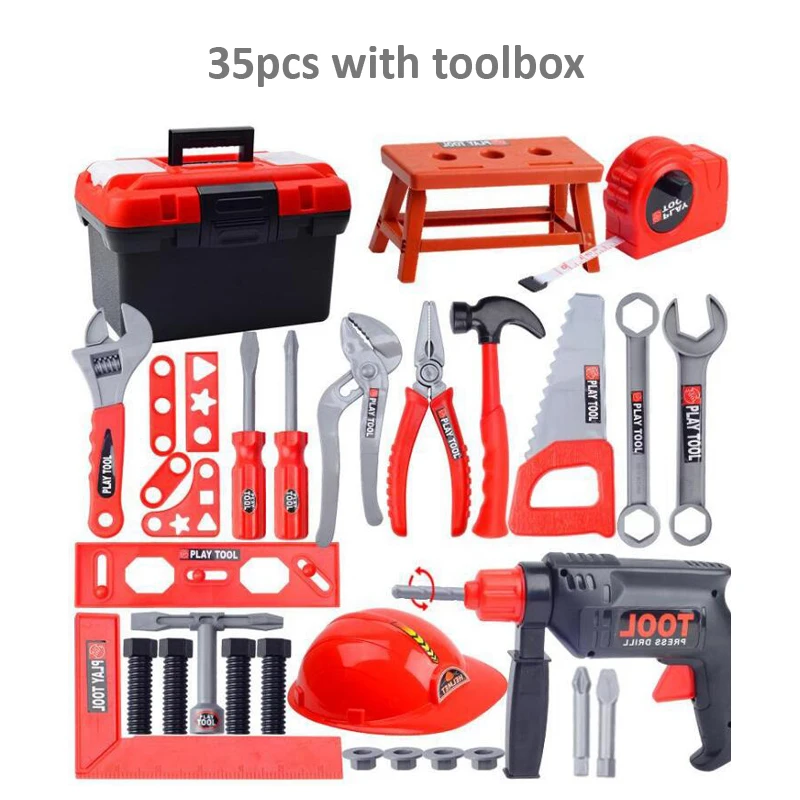 35pcs with toolbox Набор инструментов для детей, Обучающие игрушки, инструменты для моделирования, инструменты для ремонта, игрушки, дрель, пластиковая игра, Обучающие инженерные игрушки-пазлы подарки для мальчика - Цвет: 35pcs with toolbox